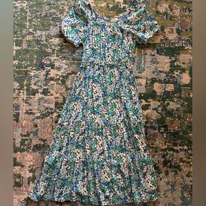 Blue & Green Floral Print Dress with puff sleeves